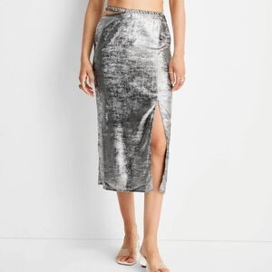 Silver Midi Pencil Skirt with Slit